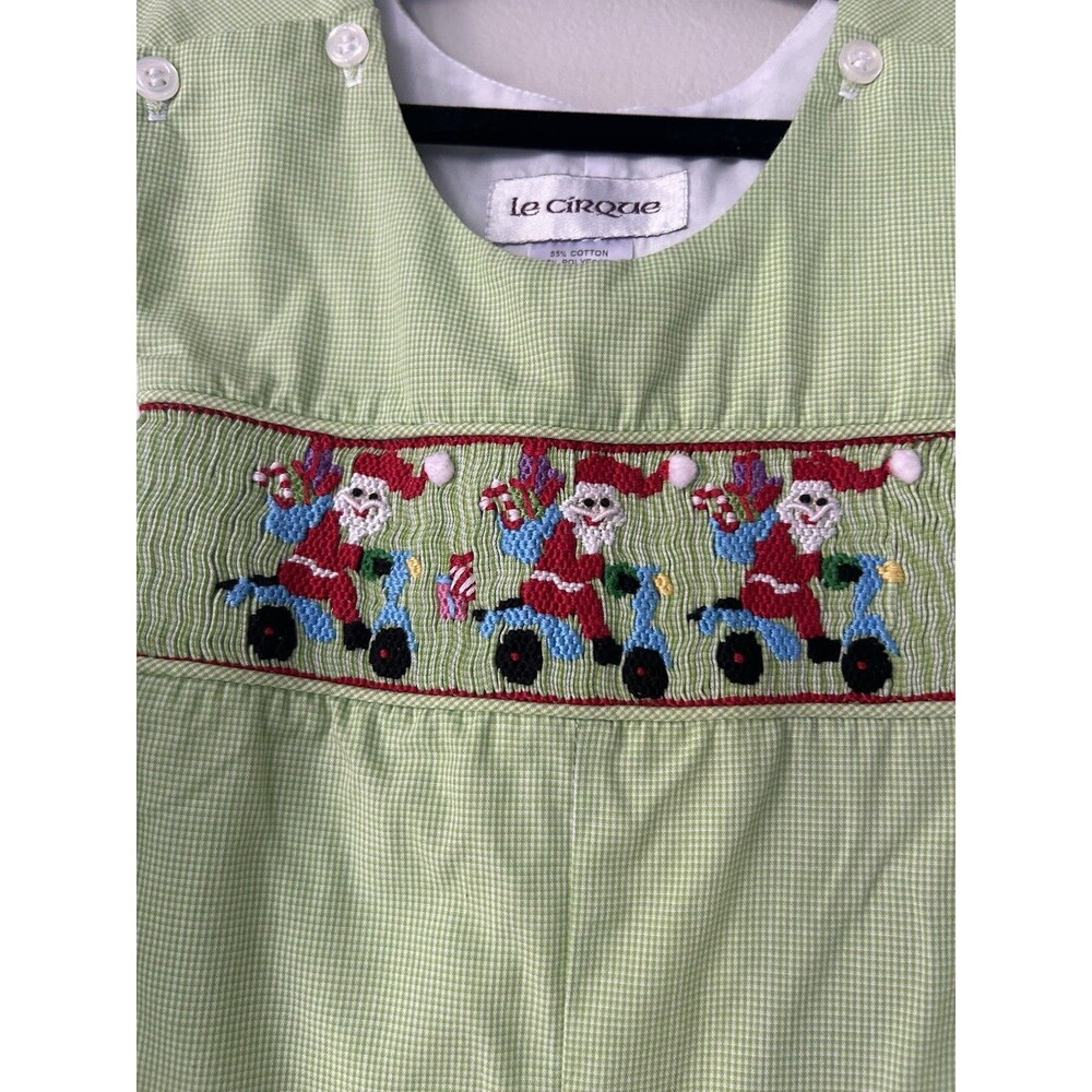 Le Cirque Green White Seersucker Smocked Christmas Santa Romper Size 2T - Picture 2 of 4